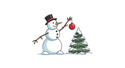 A cheerful cartoon snowman wearing a top hat decorates a small, snow-covered evergreen Christmas tree with a red ornament.