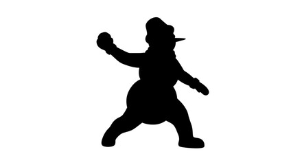 Silhouette of a cartoon character in a dynamic pose, throwing something with force.