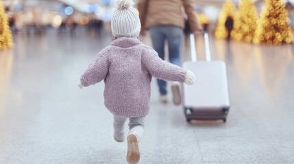 Toddler running in airport terminal with parent during holiday travel season