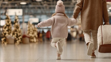 Child and parent walking in festive airport terminal decorated with holiday lights