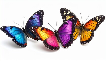 Three colorful butterflies on white background