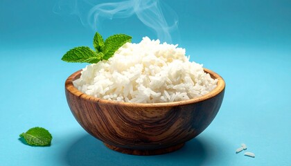 Steaming rice in wooden bowl with mint