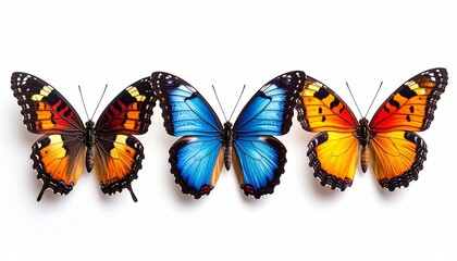 Three colorful butterflies on white background