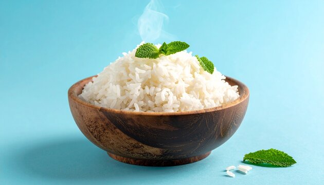 Steaming rice in wooden bowl with mint
