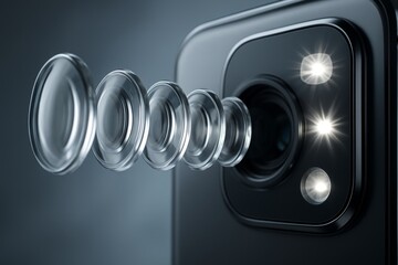 Exploded view of smartphone camera lens assembly showing internal glass elements and flash lights in high detail on dark background. Ai generative
