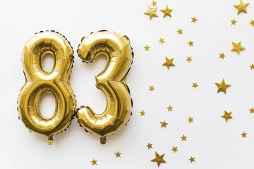 Golden 83 balloon celebration with scattered gold stars on white background
