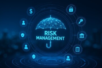 Obraz premium Digital risk management concept with umbrella icon and cyber security symbols on futuristic blue interface representing technology and protection concept. Ai generative