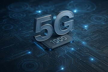 Futuristic 5G technology concept with metallic 5G symbol on a microchip over glowing digital circuit board background in high-tech style. Ai generative