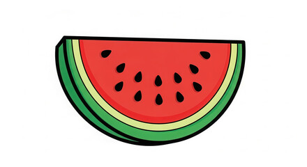 Fototapeta premium Colorful flat illustration of a watermelon slice showcasing vibrant red flesh, black seeds, and green rind, perfect for summer-themed designs and food-related projects