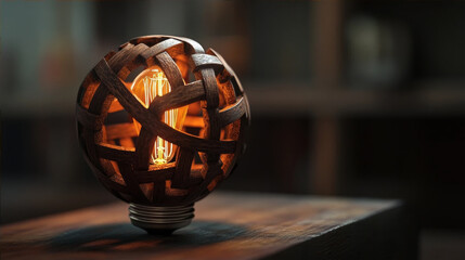 Creative wooden sphere woven lamp with glowing light bulb on table