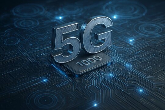 Futuristic 5G technology concept with metallic 5G symbol on a microchip over glowing digital circuit board background in high-tech style. Ai generative