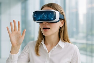 Woman interacting with virtual reality technology wearing VR headset in futuristic office environment, representing innovation and digital concept. Ai generative