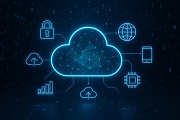 Cloud computing technology concept with digital icons including data security, analytics, connectivity, and upload on dark futuristic background. Ai generative