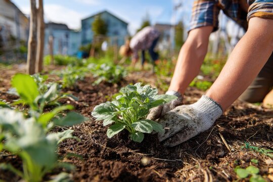 Urban volunteers engage in community gardening activities in a neighborhood garden on a sunny day, planting seedlings and nurturing the earth for sustainable growth and community benefits