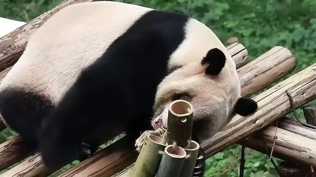 Playful panda palying wityh bamboo tube