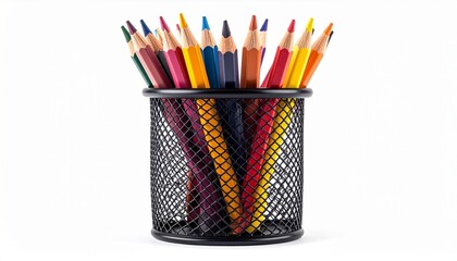 Colorful pencils in a black mesh holder