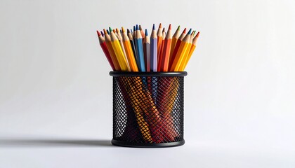 Colorful pencils in a black mesh holder