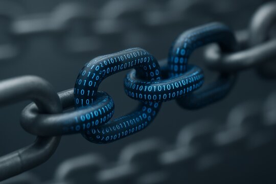 Close-up of digital chain links with binary code symbolizing blockchain technology and cybersecurity concept on dark blurred background. Ai generative