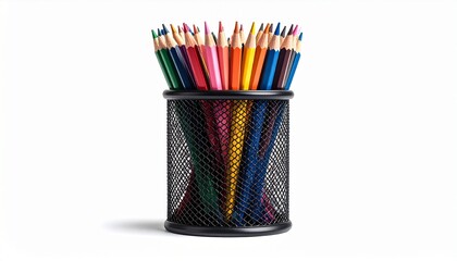 Colorful pencils in a black mesh holder