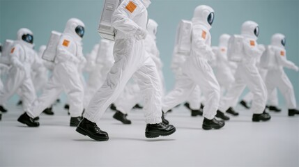 Group of astronauts in white space suits walking in unison on light background