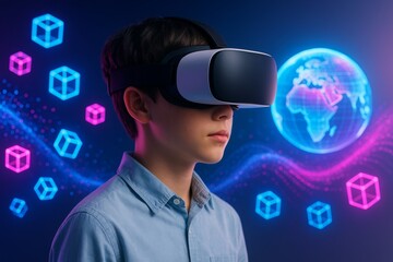 Boy wearing virtual reality headset exploring digital world with glowing tech elements floating in futuristic metaverse concept background. Ai generative
