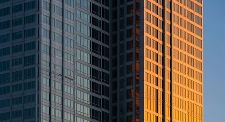 Fototapeta premium Modern skyscraper facade bathed in the warm golden light of sunset, reflecting the sky and creating a striking contrast with the shaded side