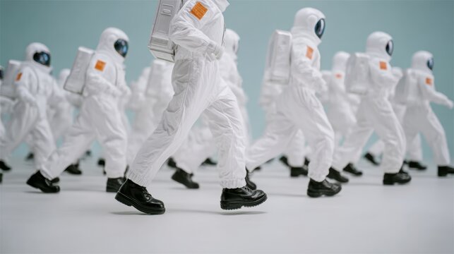 Group of astronauts in white space suits walking in unison on light background - Powered by Adobe