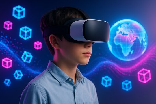Boy wearing virtual reality headset exploring digital world with glowing tech elements floating in futuristic metaverse concept background. Ai generative