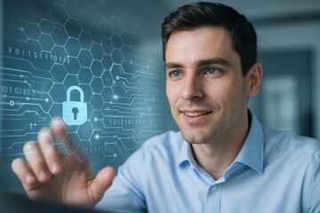Man interacting with futuristic digital interface featuring cybersecurity lock icon and hexagonal tech pattern on transparent screen in office setting. Ai generative