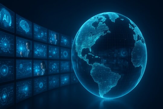 Digital globe and futuristic AI interface concept with data screens and holographic visualization in a high-tech environment on dark background. Ai generative