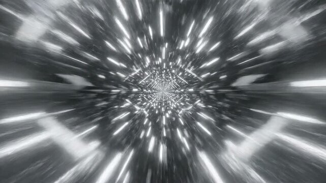 Seamlessly looping motion through a futuristic sci-fi tunnel composed of bright white glowing polygonal lines accelerating infinitely toward a central vanishing point modern, stream, futuristic
