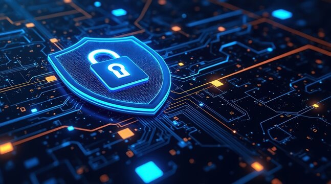 Cyber security shield protecting data on abstract circuit board