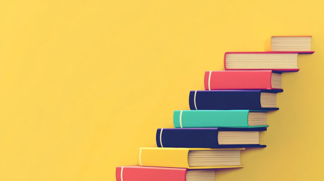 Colorful books stacked in the shape of stairs representing education and success
