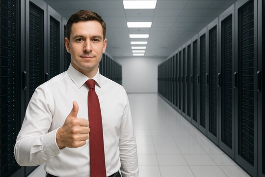 Confident IT professional giving thumbs-up in modern data center hallway, symbolizing successful technology management and digital infrastructure concept. Ai generative