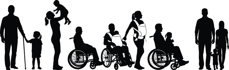 Fototapeta premium Silhouette vector of diverse families, parents with children, disabled people in wheelchairs, and community inclusion, isolated black figures set