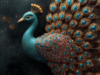 Regal Peacock with Blue Gem Feathers and Golden Ornamentation
