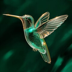 Elegant Glass Jade Hummingbird with Golden Accents on Emerald Background