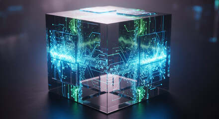 Abstract 3D rendering of a glowing data cube with intricate digital circuitry on dark backdrop