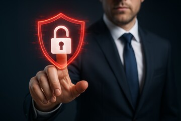 Businessman touching glowing digital shield with unlocked padlock icon symbolizing cybersecurity breach and data protection concept in technology. Ai generative