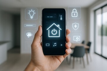 Smart home automation interface on smartphone with futuristic digital icons in modern interior home environment concept of advanced technology control. Ai generative