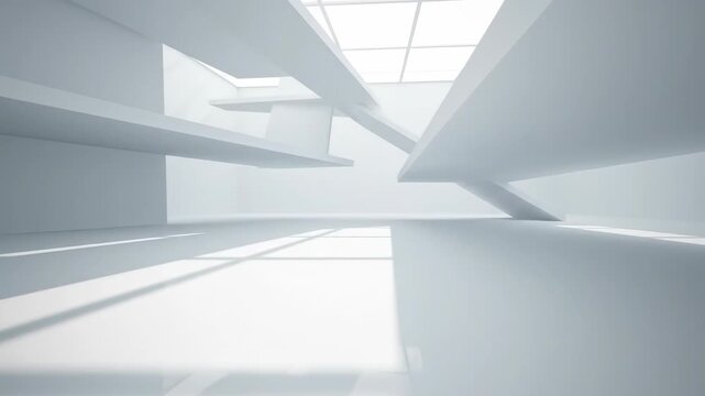 Slow cinematic dolly movement through a vast, empty, clean white architectural space defined by sharp corners and soft shadows backdrop, vacant, empty