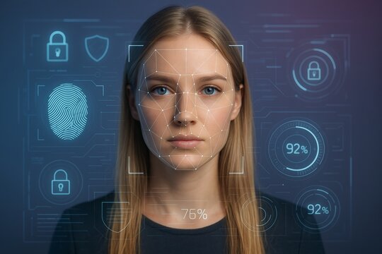 Woman with biometric facial recognition interface and digital security technology concept on futuristic screen background in blue tones. Ai generative. Ai generative