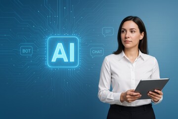 Businesswoman holding tablet with AI symbol and chatbot icons on digital circuit background representing artificial intelligence technology concept. Ai generative