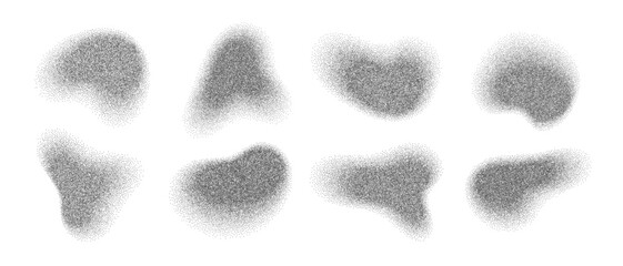 Stippled irregular shapes noise grain effect gradient texture set. Grainy halftone dots with noise textures and organic brush spray effects create abstract visual elements for contemporary artwork.