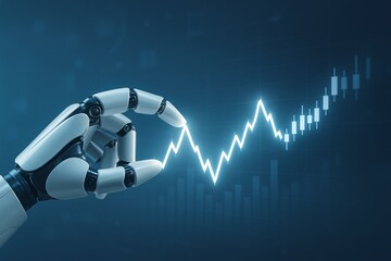 Robotic hand analyzing rising financial chart with glowing data spikes on digital interface, symbolizing futuristic AI-driven market technology concept. Ai generative