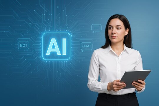 Businesswoman holding tablet with AI symbol and chatbot icons on digital circuit background representing artificial intelligence technology concept. Ai generative