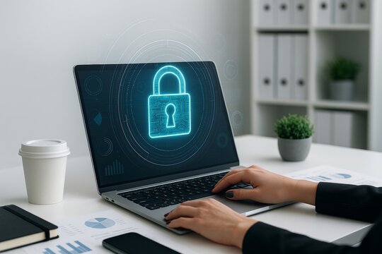 Cybersecurity technology concept showing digital padlock on laptop screen with businesswoman typing at desk in modern office setting. Ai generative - Powered by Adobe