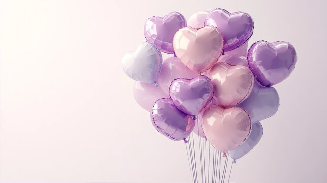 Bunch of pastel purple and pink heart shaped balloons on white background - Powered by Adobe