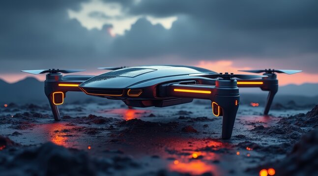 Sleek futuristic drone with glowing orange lights at twilight