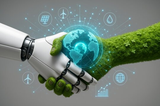 Robotic and green hands shaking with digital Earth hologram, symbolizing sustainable technology partnership and eco-friendly innovation concept. Ai generative